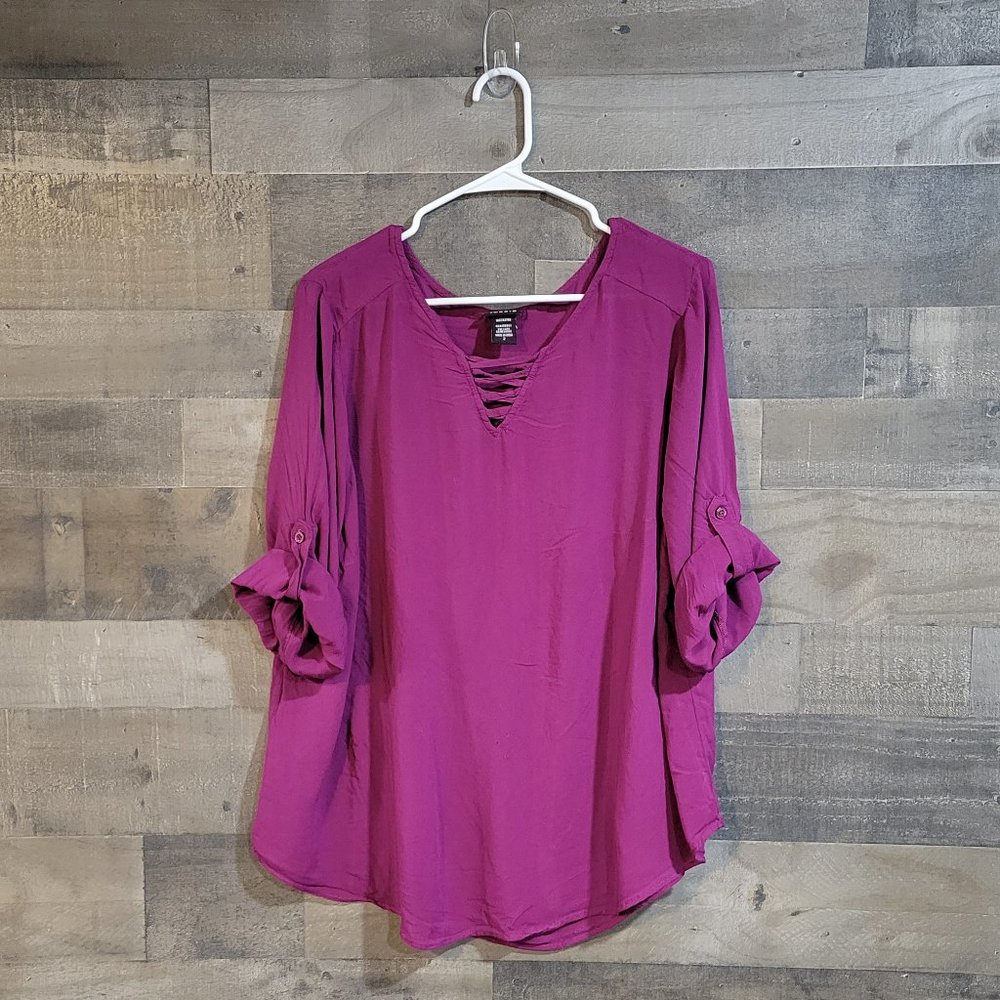 Torrid Maroon Tunic with Roll Sleeves and Criss Cross V-Neck - Size 2
